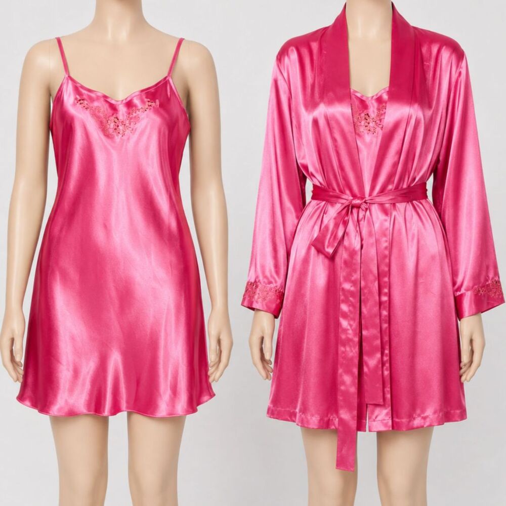 Vintage Hot Pink Satin Slip & Robe Set Size Medium